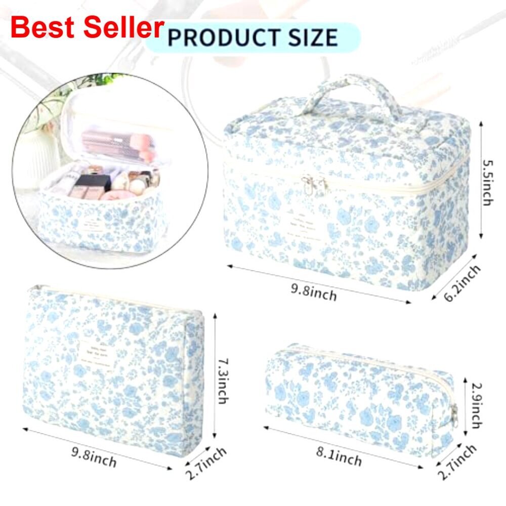 Large Cotton Quilted Makeup Bag Set, 3 Pack Travel Organizer for Women - Picture 2 of 7